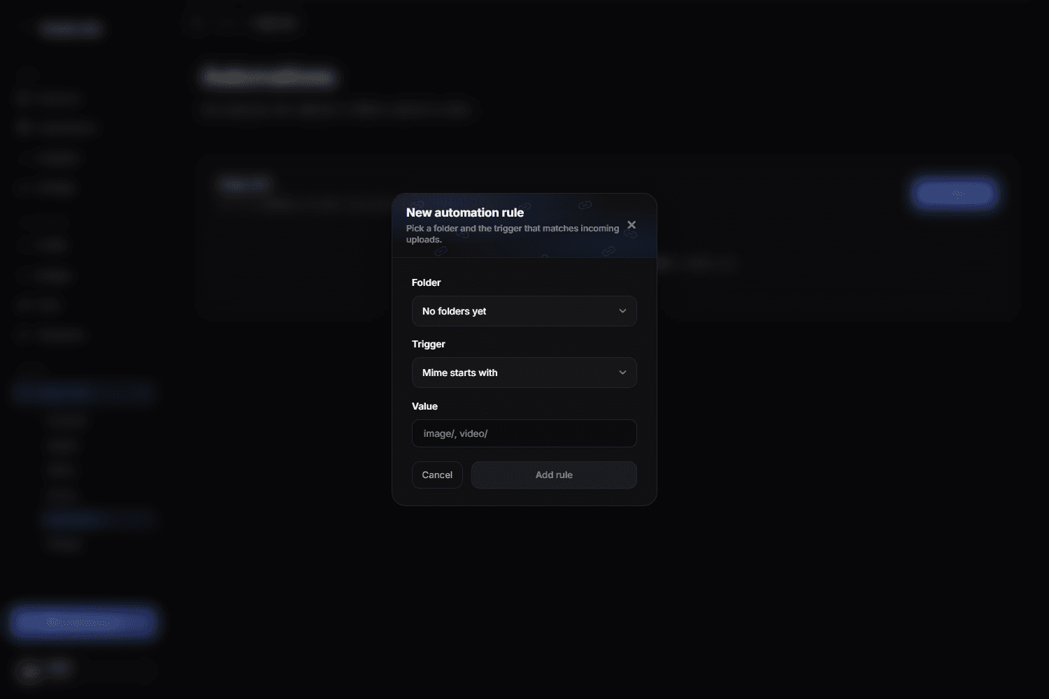 The New automation rule dialog with the folder, trigger and value fields