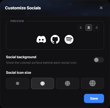 The Customize Socials dialog: a live preview with alignment, the Social background toggle and four icon sizes