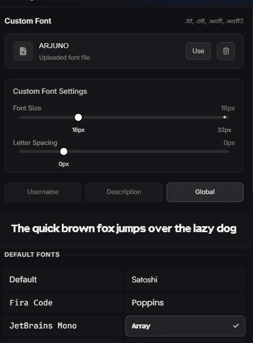 Manage Text Font, with the default font grid, size and letter-spacing sliders and the live pangram preview