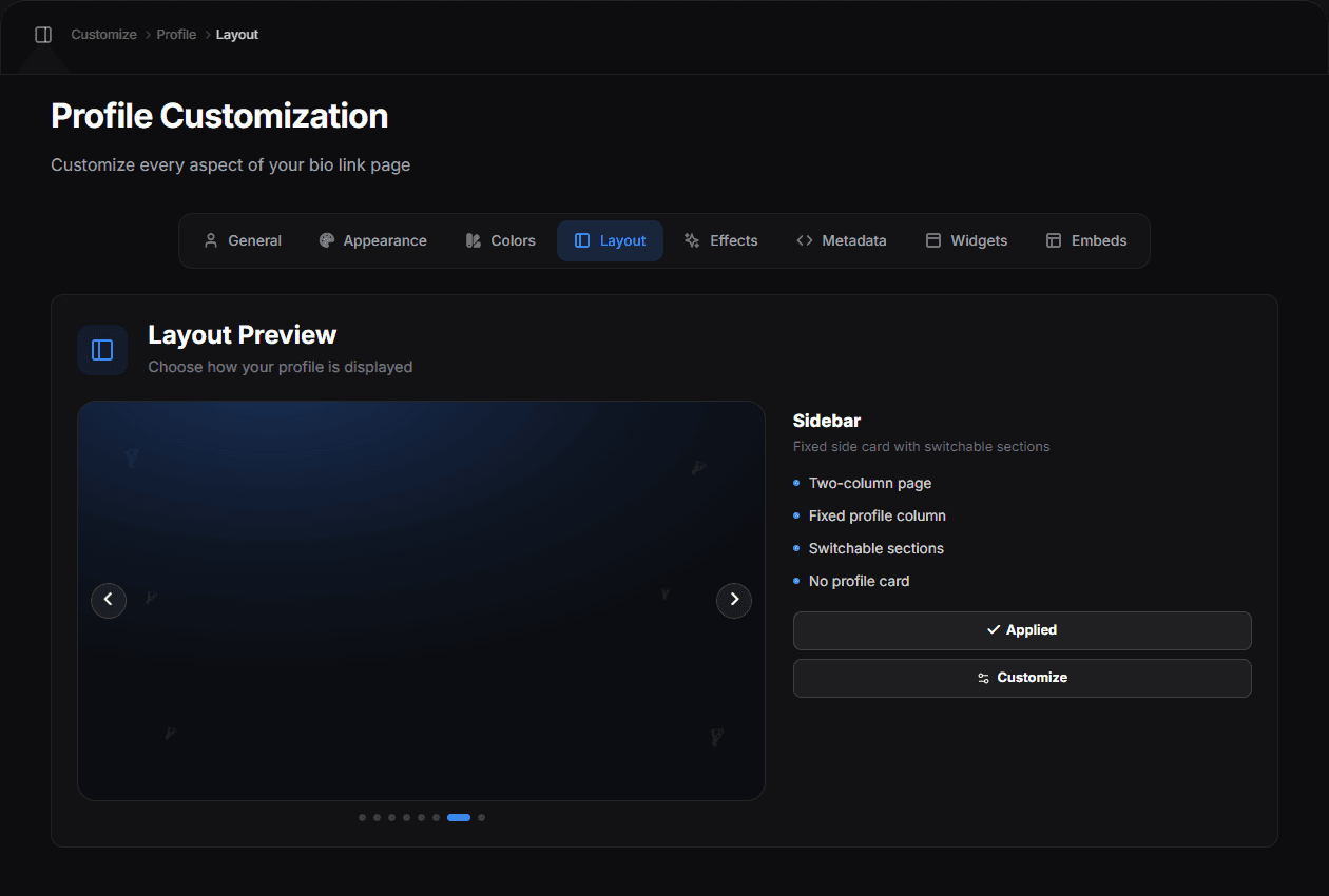 The Layout tab with the layout preview and the reorderable section list