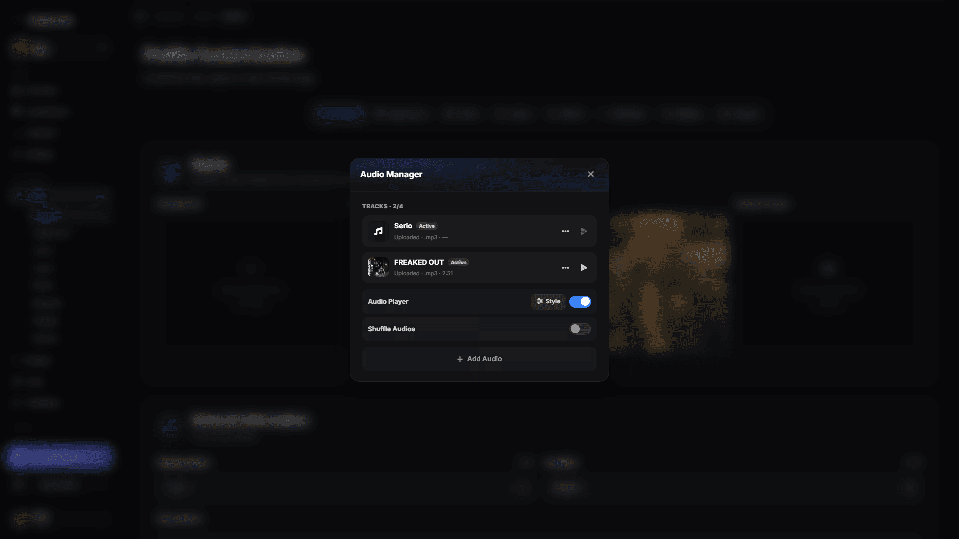 The Audio Manager open in the flexbio.link dashboard