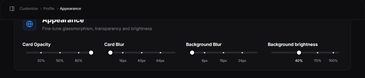 The Appearance card with the Card Opacity, Card Blur, Background Blur and Background brightness sliders
