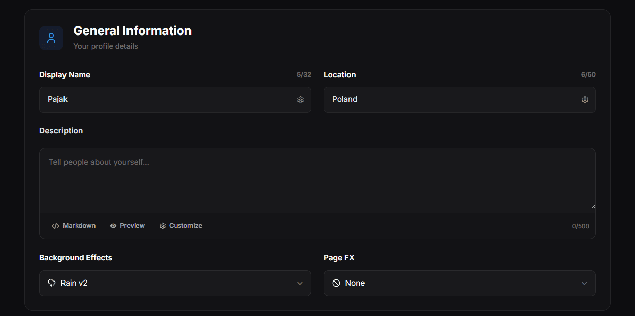 General Information with the display name, location, description, background effect and page FX fields