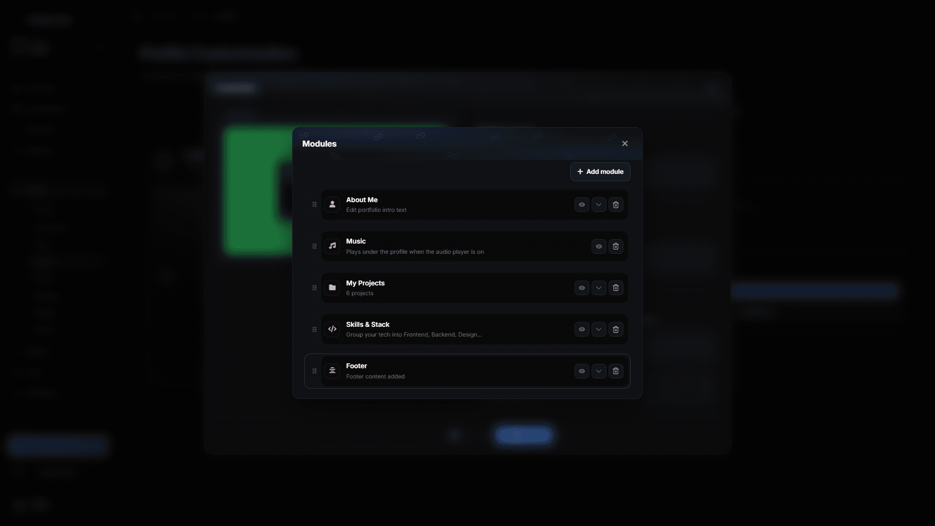 Portfolio modules open in the flexbio.link dashboard