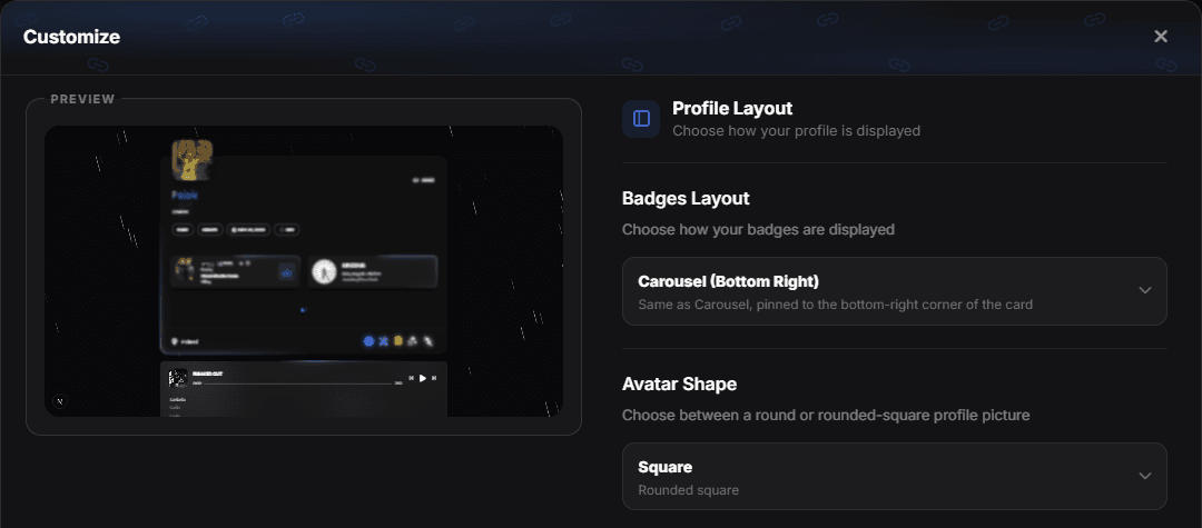 The Customize dialog with the Avatar Shape control under Badges Layout