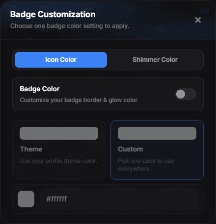 The Badge Customization dialog with the Icon Color and Shimmer Color tabs
